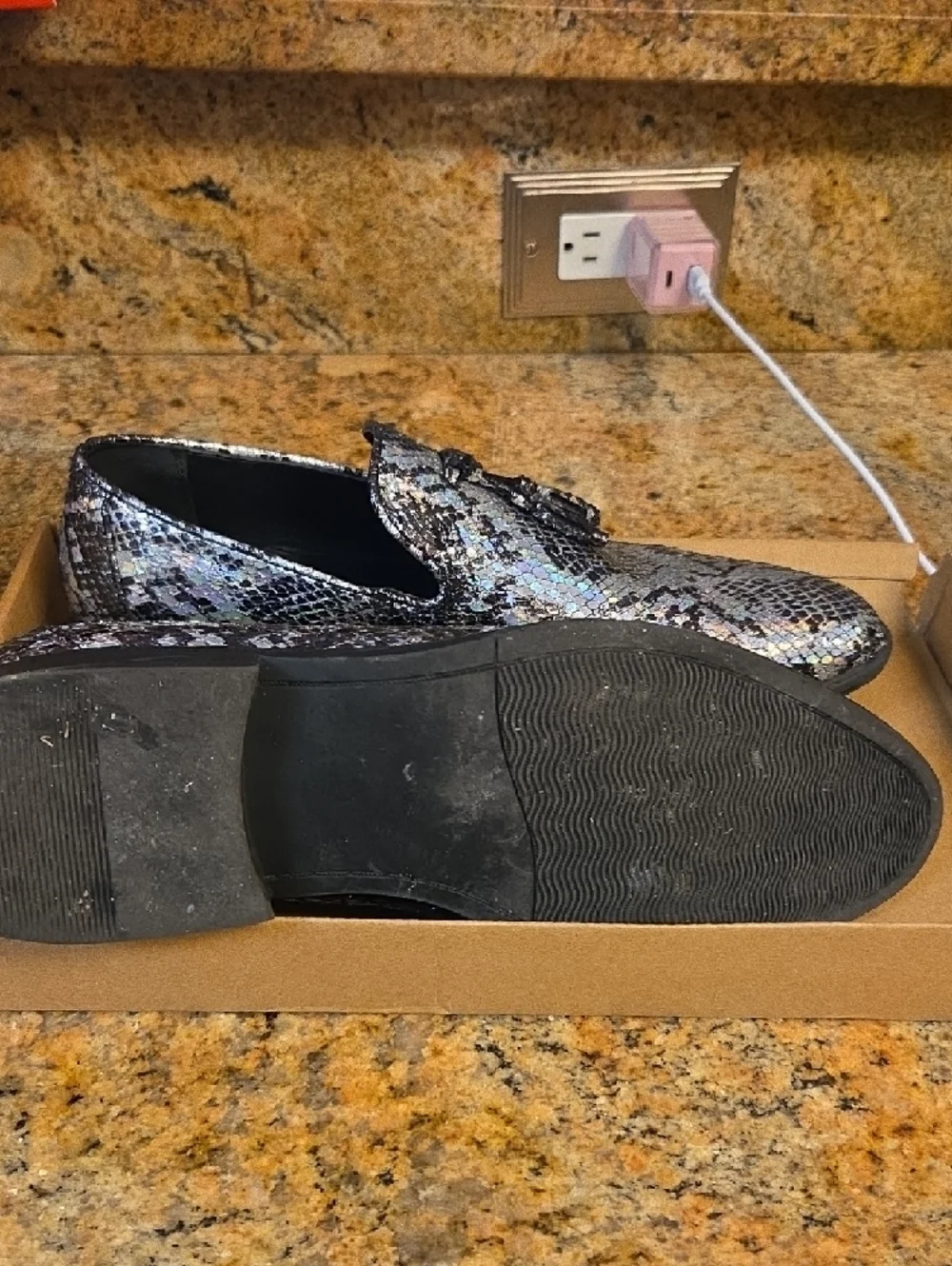 ASOS Design Men's Iridescent Snake Skin Loafers Tassel Silver